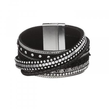 Náramok Glam Rock Black Eco Leather Silver