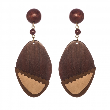 Náušnice Brown Wood Leather Oval Statement