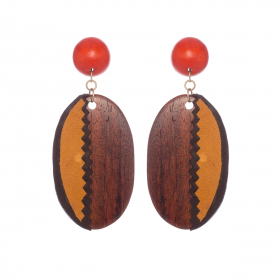 Náušnice Orange Wood Leather Oval Statement