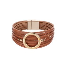 Náramok Fashion Style Eco Leather Cognac Brown Gold Circle Gold