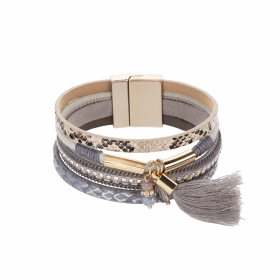 Náramok Fashion Style Eco Leather Grey - Cream Stripe Gold