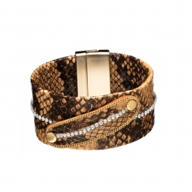Náramok Snake Print Eco Leather Brown Wide Gold