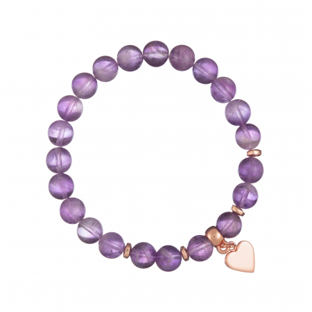 Náramok Mineral Purple Amethist Rose Gold Heart