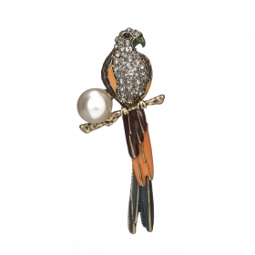 Brošňa Parrot With Zircon Crystals And White Big Pearl Antique Gold