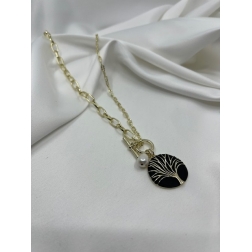 Náhrdelník dlhý pozlátený zdobený s príveskom strom života a bielou perlou