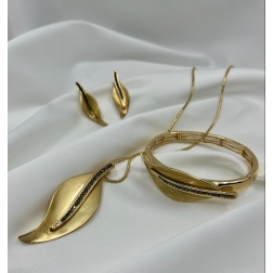 Súprava matná pozlátená náhrdelníka , náušníc a náramkov zdobená s príveskom v tvare listu s drobnými krištáľmi