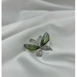 Brošňa zelený motýlik zdobený s malovaným krištáľom