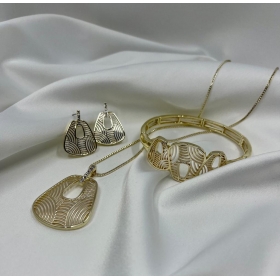 Súprava pozlátená náhrdelníka , náušníc a náramkov zdobená s príveskom s jemným vzorovaním s drobnými zirkónmi