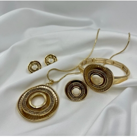 Súprava luxusná pozlátená náhrdelníka , náušníc , náramkov a prsteň zdobená s kruhovým príveskom s drobnými krištáľmi