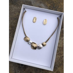 Súprava Anna strieborno - zlatý s koženým náhrdelníkom a náušnicami